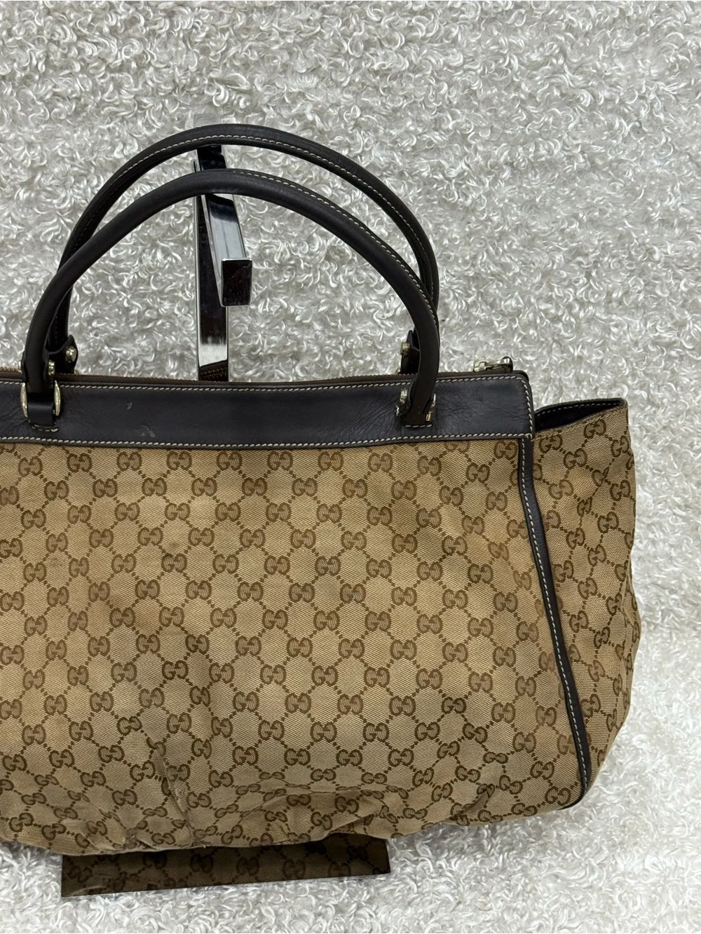 Gucci Abbey Canvas Tote with Brown Leather Trim